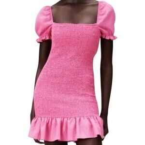 Zara XS NEW Pink Elastic Smocked Fabric Mini Dress Flounced Hem Feminine